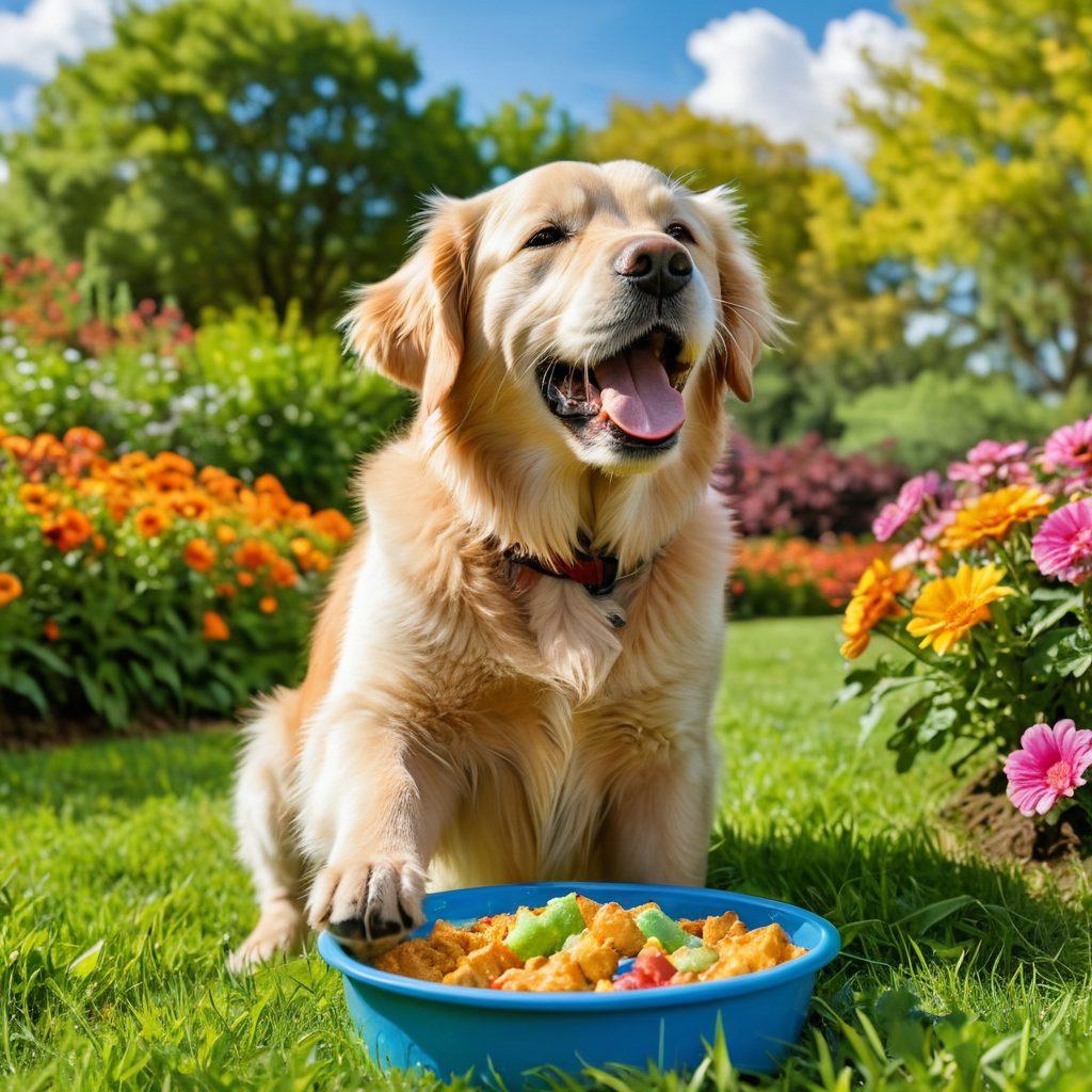 A joyful golden retriever playing in a lush green park, surrounded by colorful flowers and a bright blue sky. Nearby, a cat lounging in the sun, with a playful kitten pouncing nearby. Include elements of healthy pet food and fresh water bowls on the grass, depicting a vibrant and happy pet lifestyle. super-realistic. vibrant colors. natural lighting.