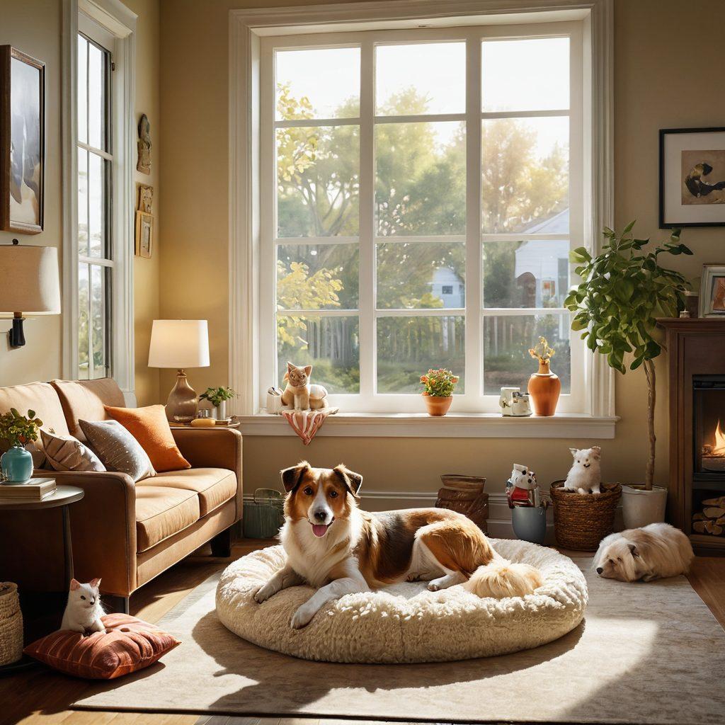 A cozy living room showcasing a variety of pet supplies like toys, food bowls, and cozy beds for dogs and cats. Include happy, playful pets interacting with each other, conveying a sense of love and care. Light streaming in through a window adds warmth to the scene, creating an inviting atmosphere. Super-realistic, vibrant colors, warm lighting.