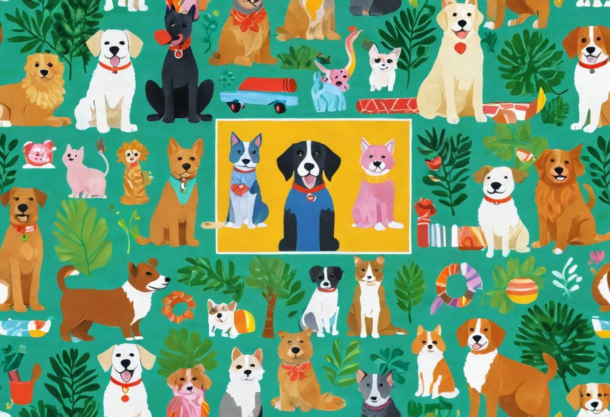 A vibrant collage showcasing a variety of essential pet products and services, including colorful pet toys, cozy pet beds, a cheerful dog groomer in action, and a happy pet owner walking with their dog in a park filled with greenery. Highlight the joy and bond between pets and their owners. Make it bright and inviting with a warm color palette. super-realistic. vibrant colors.